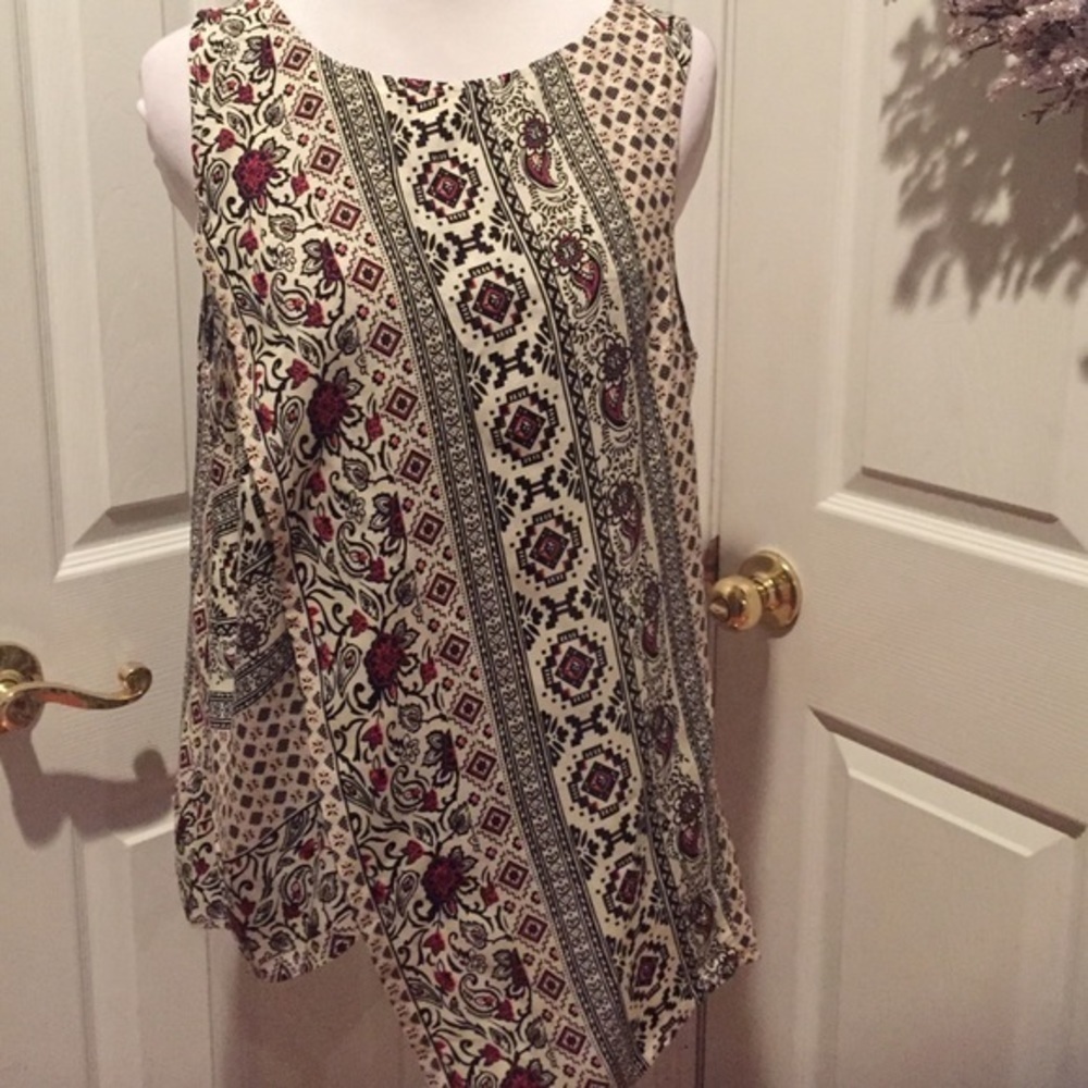 Tribal print asymmetrical top in red, cream &black